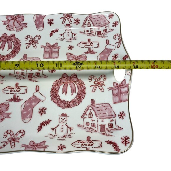 Christmas Toile Pattern Serving Tray Vintage Retro Ceramic Platter with Handles - Picture 4 of 7